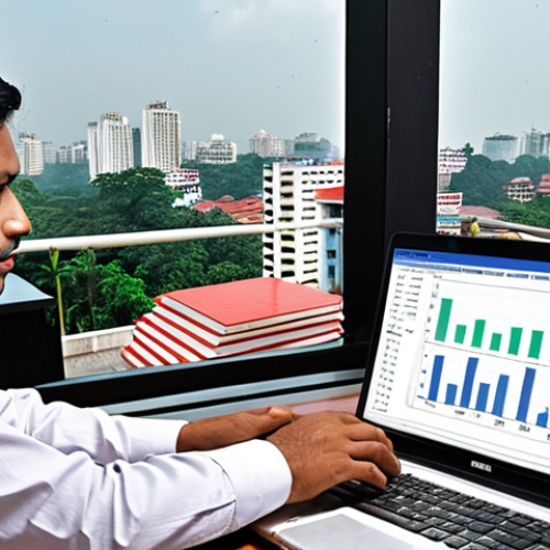 Home 4 **Image Prompt:** A bustling real estate office in Dhaka, Bangladesh. A property valuer, dressed professionally, confidently presents a financial model on a laptop to a potential investor. Spreadsheets and market analysis charts are visible in the background, along with a cityscape view. The atmosphere conveys trust and expertise.