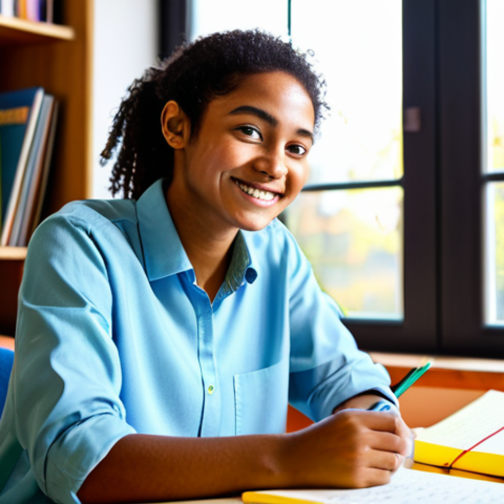 **A focused student in a brightly lit room, fully clothed in comfortable study clothes, sitting at a desk covered with books and colorful notes.  They are smiling slightly, with an expression of determination.  The background is a cozy room with a window showing a sunny day.  Safe for work, appropriate content, fully clothed, professional, perfect anatomy, natural pose, vibrant colors.**