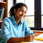 **A focused student in a brightly lit room, fully clothed in comfortable study clothes, sitting at a desk covered with books and colorful notes.  They are smiling slightly, with an expression of determination.  The background is a cozy room with a window showing a sunny day.  Safe for work, appropriate content, fully clothed, professional, perfect anatomy, natural pose, vibrant colors.**