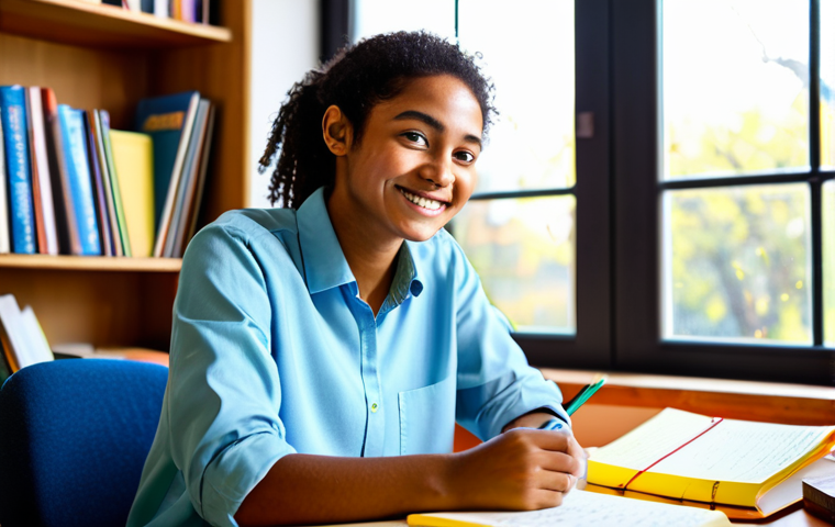 **A focused student in a brightly lit room, fully clothed in comfortable study clothes, sitting at a desk covered with books and colorful notes.  They are smiling slightly, with an expression of determination.  The background is a cozy room with a window showing a sunny day.  Safe for work, appropriate content, fully clothed, professional, perfect anatomy, natural pose, vibrant colors.**