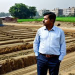**

A busy real estate appraiser, fully clothed in professional attire, inspecting a plot of land in a developing industrial area near Dhaka. Modest clothing, safe for work. Include construction in the background and several interested potential buyers. Focus on the high demand and rising land values. Perfect anatomy, correct proportions, natural pose, professional.

**