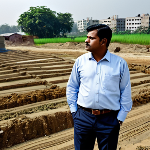 **

A busy real estate appraiser, fully clothed in professional attire, inspecting a plot of land in a developing industrial area near Dhaka. Modest clothing, safe for work. Include construction in the background and several interested potential buyers. Focus on the high demand and rising land values. Perfect anatomy, correct proportions, natural pose, professional.

**
