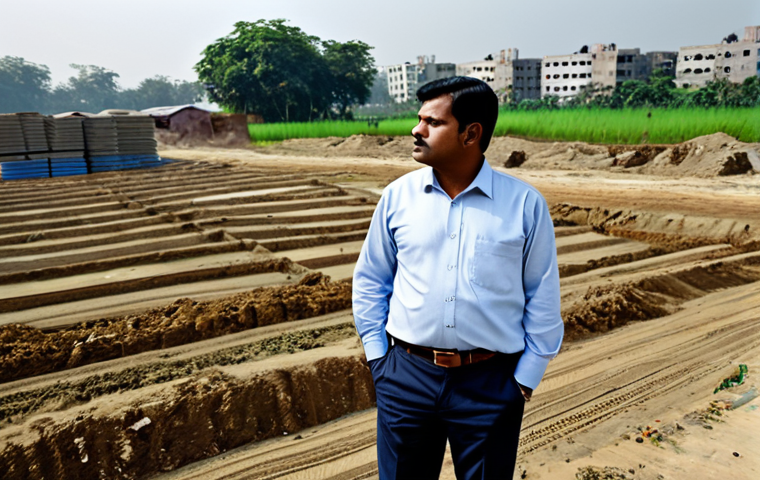 **

A busy real estate appraiser, fully clothed in professional attire, inspecting a plot of land in a developing industrial area near Dhaka. Modest clothing, safe for work. Include construction in the background and several interested potential buyers. Focus on the high demand and rising land values. Perfect anatomy, correct proportions, natural pose, professional.

**