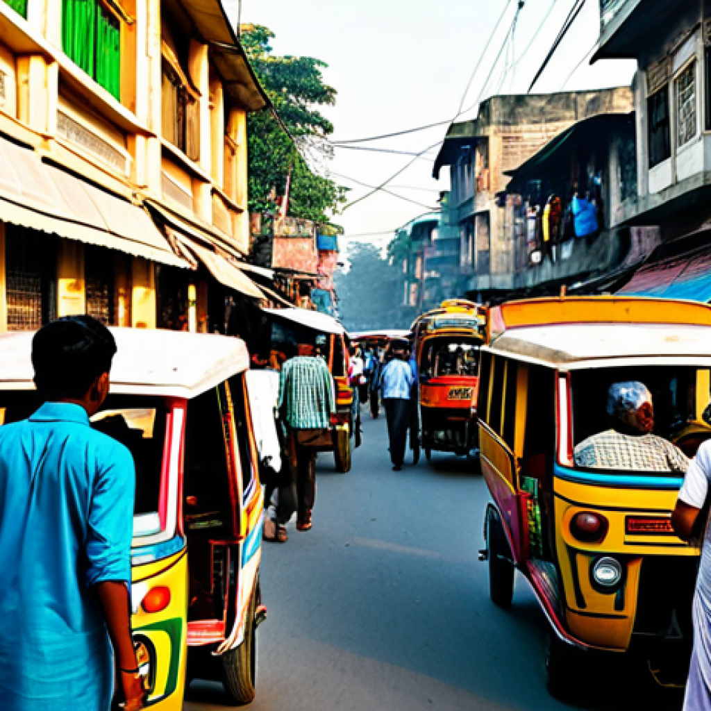 감정평가사의 실무에서의 시장 분석 - **Subject:** A busy Dhaka street scene, filled with colorful rickshaws and people in traditional Ben...