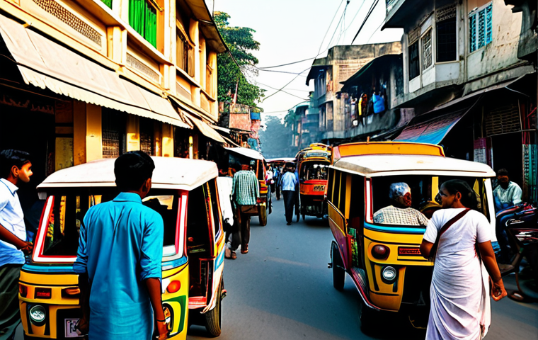 감정평가사의 실무에서의 시장 분석 - **Subject:** A busy Dhaka street scene, filled with colorful rickshaws and people in traditional Ben...